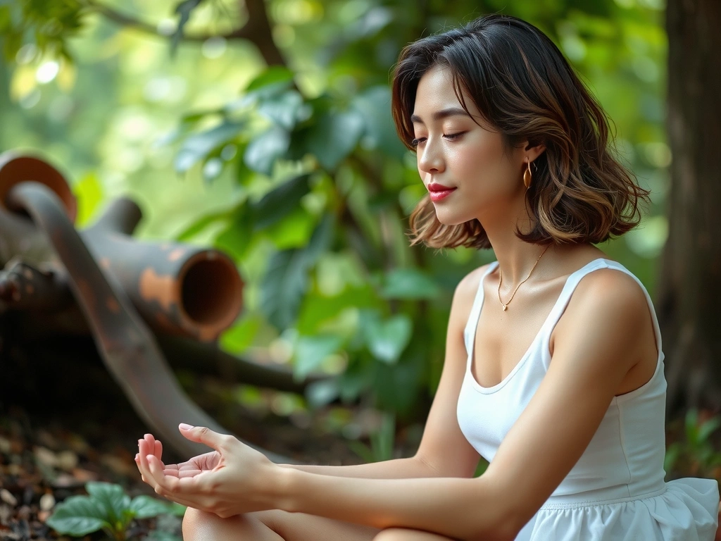 A woman meditating outdoors, surrounded by lush greenery, symbolizing wellness and natural beauty.