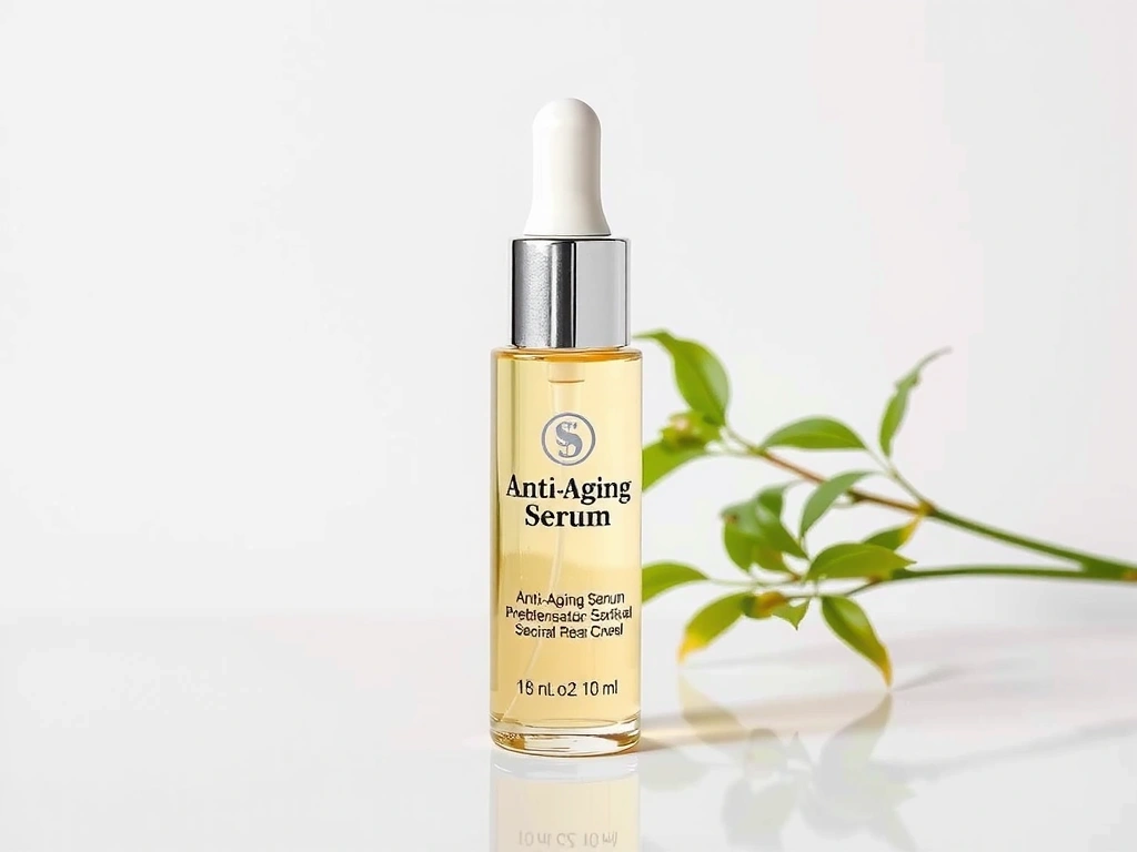 A bottle of anti-aging serum with a dropper, surrounded by delicate botanicals.