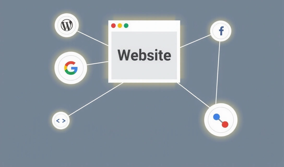 Interconnected digital nodes representing third-party cookie providers, with data streams flowing between them and the main website, illustrating collaborative data usage