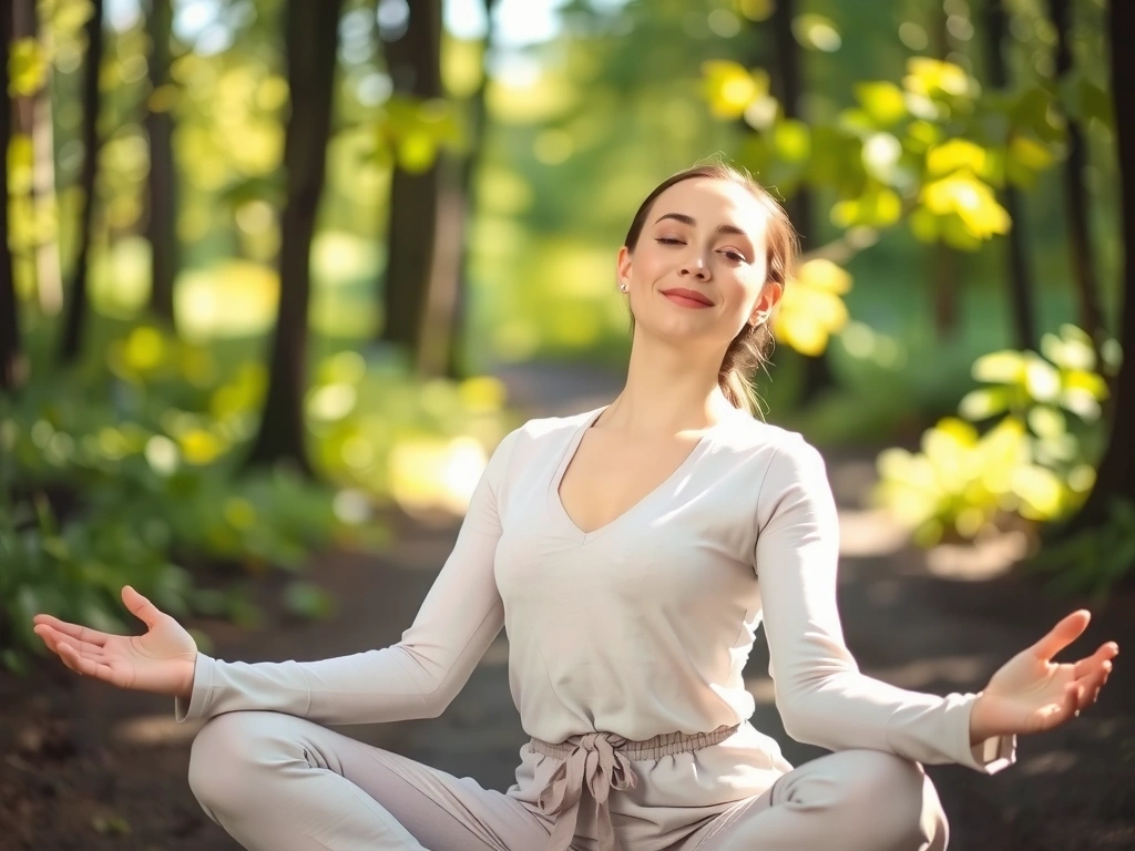 Woman meditating in a peaceful natural setting, promoting mental clarity and wellness